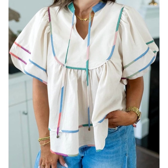 Cicy Bell | Multicolored Rainbow Striping Lightweight Boho Blouse Peasant Top - Picture 14 of 15